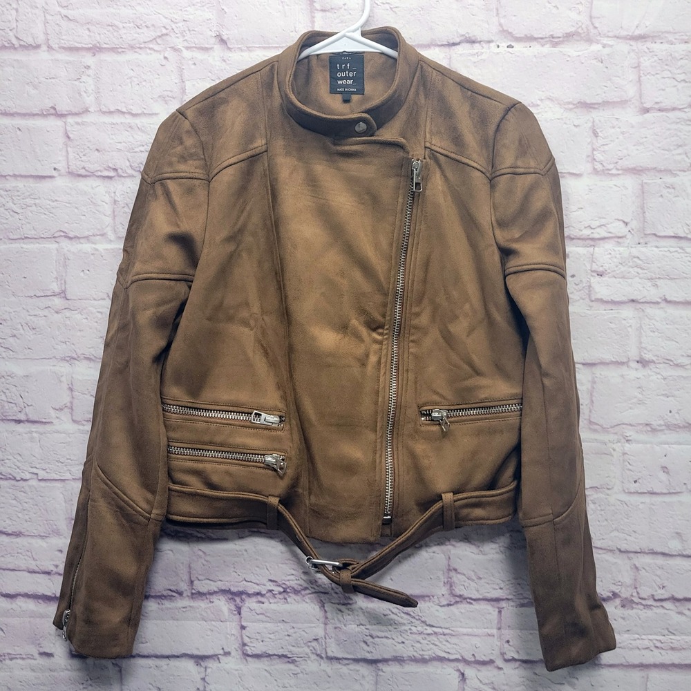 ZARA trf‎ Outerwear Vegan Faux Suede Jacket Size M Camel Belted Biker Alt Street